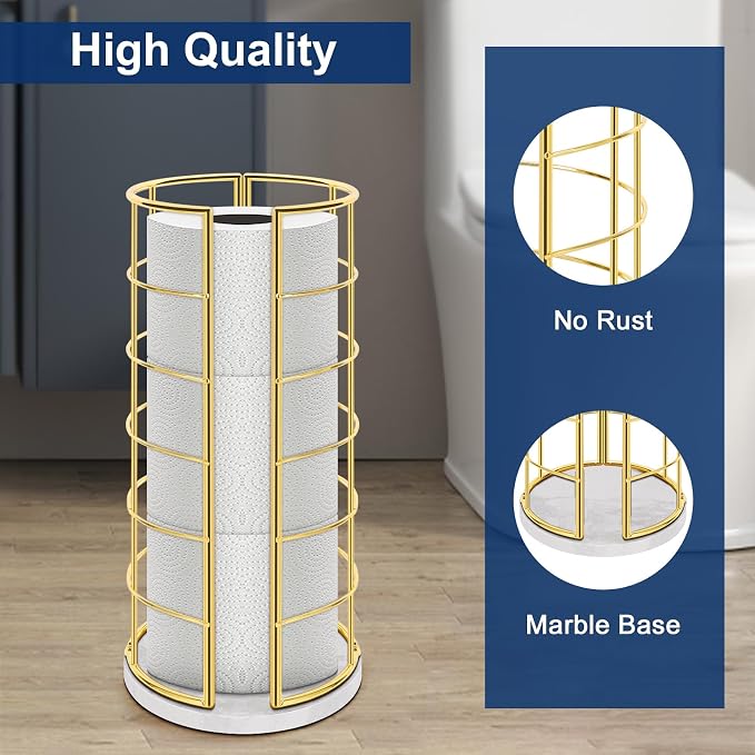 NearMoon Toilet Paper Organizer Stand, Free Standing 3 Rolls Tissue Storage, Metal Bathroom Accessory, Rustproof Toilet Roll Holder for Kitchen Countertop Inside Cabinet Shelf(Marble Base,Gold)