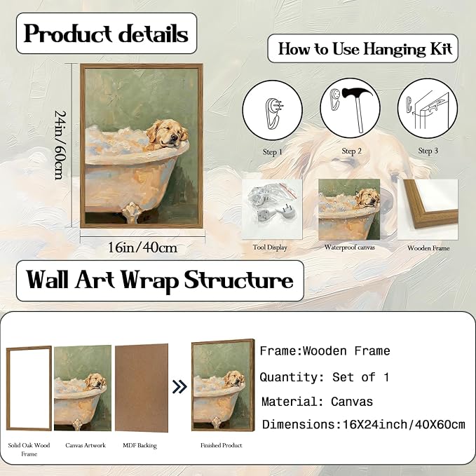 Funny Dog Bathroom Wall Art Cute Golden Retriever in Bathtub Wall Decor Picture Whimsical Bathroom Dog Poster Canvas Painting Print 16x24 inch Wood Framed