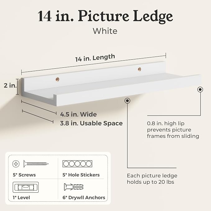 White Picture Ledge Shelves for Wall, 4.5" Deep Wood Floating Shelves with Lip for Bedroom, Living Room, 13.7" Width, Color White Set of 2