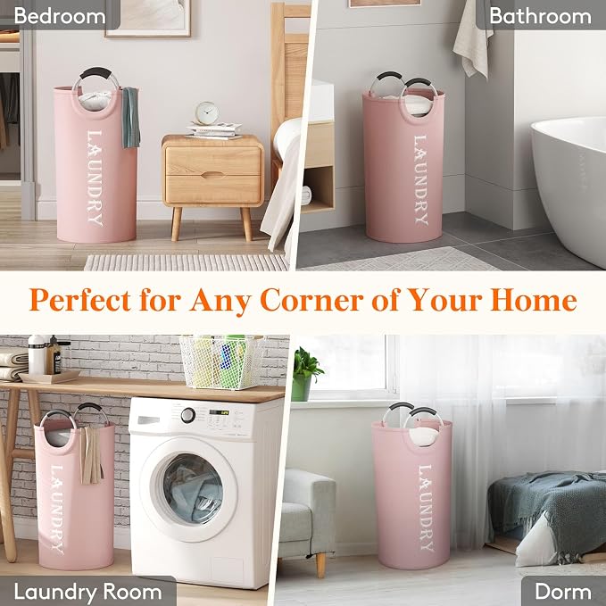 Lifewit 2 Pack 100L Laundry Basket with Aluminum Handles, Pink | Collapsible Large Laundry Hamper, Waterproof Fabric, Freestanding Dirty Clothes Hampers for Dorm, RV, Bedroom, Laundry Room