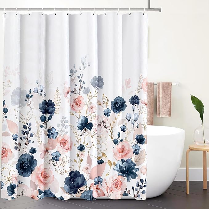 Tititex Aesthetic Navy Pink Rose Floral Shower Curtain Sets, Watercolor Gold Flowers Leaves Bathroom Decorative 71x71 Inch Polyester Waterproof Fabric Bath Curtain with Hooks
