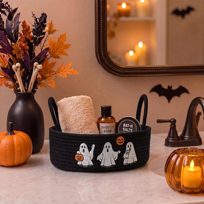 Vesici Halloween Ghost Storage Basket, Black Bathroom Caddy with Handle | Woven Cotton Rope, Ghost Embroidery Decor, Fits Toilet Tank Top or Countertop, 13 X 6 X 4 Inch Organizer for Any Room