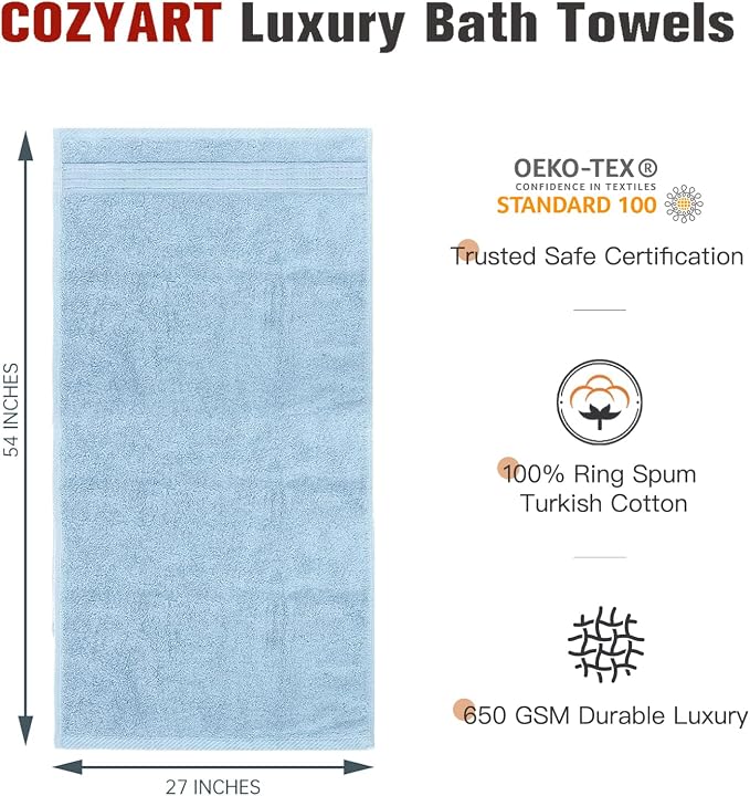 COZYART Luxury Bath Towels 4 PCS, 27x54 650 GSM Turkish Cotton, Light Blue | Zero Twist 100% Ring Spun Cotton, Fluffy, Ultra Soft, Super Absorbent, Quick Dry, Large Towels for Hotel Spa Bathroom Shower