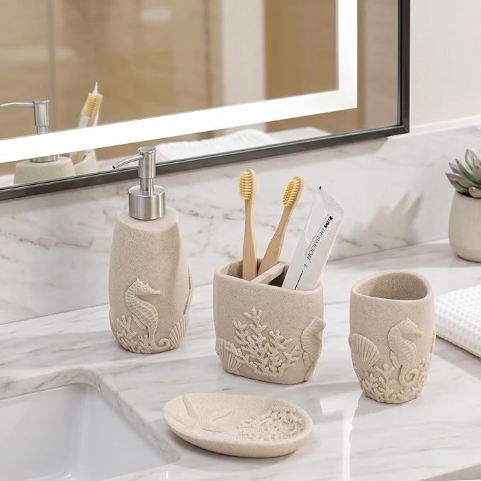 Bathroom Accessories Set, 4 PCS, Sea Bathroom Decor, Sandstone Look Beige | Ocean Theme,With 10OZ Soap Dispenser, Toothbrush Holder, Tumbler, Soap Dish, For Bathroom Countertop Organizer