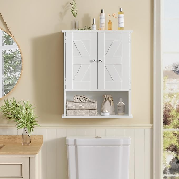 Bathroom Wall Cabinet, Over The Toilet Space Saver Storage with Barn Doors & Adjustable Shelf, Hanging Medicine Cabinet, White 7.1" D x 15.4" W x 19.3" H