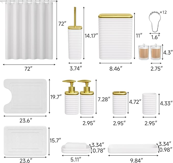 Bathroom Set - 25PC Bathroom Sets with Shower Curtain and Rugs, White Bathroom Set, Bathroom Accessory Set, Luxury Bathroom Accessories Set, Trash Can, Toilet Brush, Soap Dish & Soap Dispenser