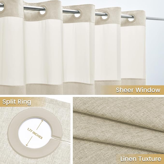 WONICY No Hook Stall Shower Curtain with Snap-in Liner, Cream, 54 x 80 | Ringless, Waterproof & Washable, Hotel Style, Mesh Top Window, Bottom Magnets, Thick, Farmhouse, for Bathroom
