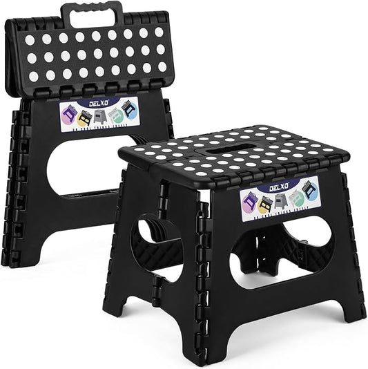 Delxo Folding Step Stool 11 inch 2 Pack,300 Lbs Step Stool for Kids&Adults | Foldable Step Stool,Non-Slip Foot Stools with Handle Lightweight Collapsible stools for Kitchen,Bathroom,Bedroom,Garden Black