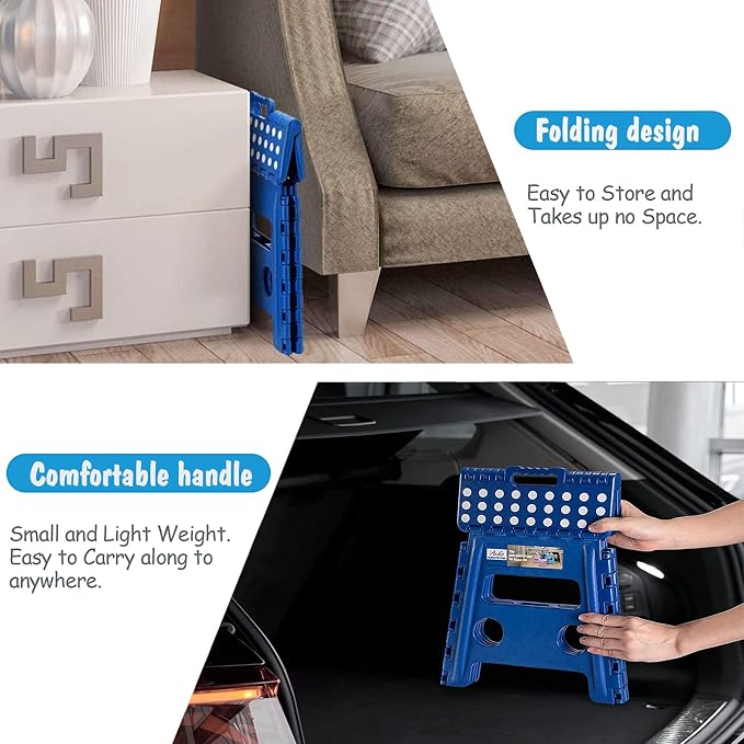 ACKO 13 Inch Folding Step Stool, Holds 300 lb for Adults and Kids, Blue | Collapsible Foldable Stools, Non-Slip Surface Heavy Duty Foot Stepping stool for Kitchen Bathroom Outdoor, Built-in Handle