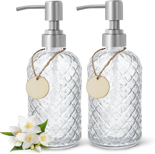 2 Pack Gem-Patterned Glass Soap Dispenser with Rust Proof Stainless Steel Pump-13 oz Liquid Hand Soap Dispenser for Kitchen & Bathroom,Great for Lotions, Essential Oil, Liquid Soaps-Clear