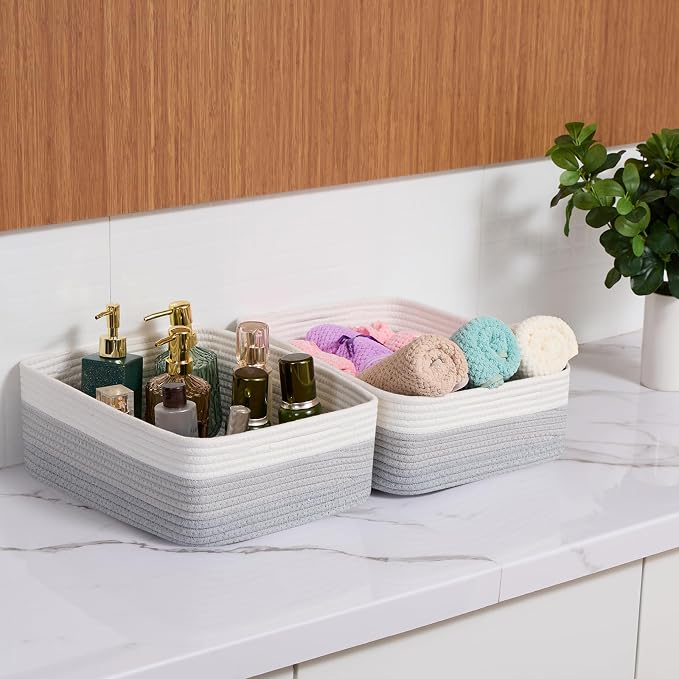 MiniArk Large Shallow Organizing Baskets 15x11x5.1 Inches - Rope Woven Storage Bins for Bathroom, Shelves, Cube Closet, Gradient Grey 4 Packs