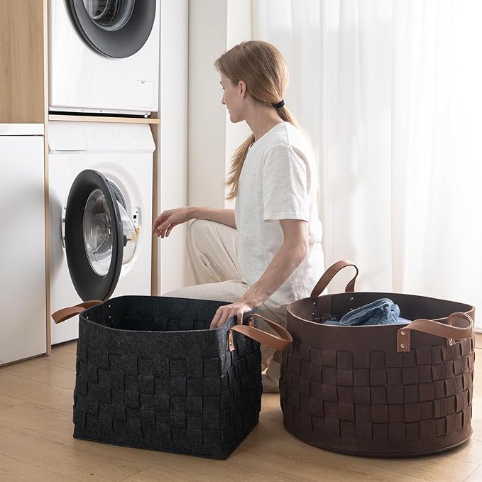 Laundry Basket 16.5 " x13 x13 , Large Rectangular Felt Fabric Blanket Basket with Leather Handle, Dirt Clothes Laundry Hamper for Babies, Dogs and Living Room-Brown