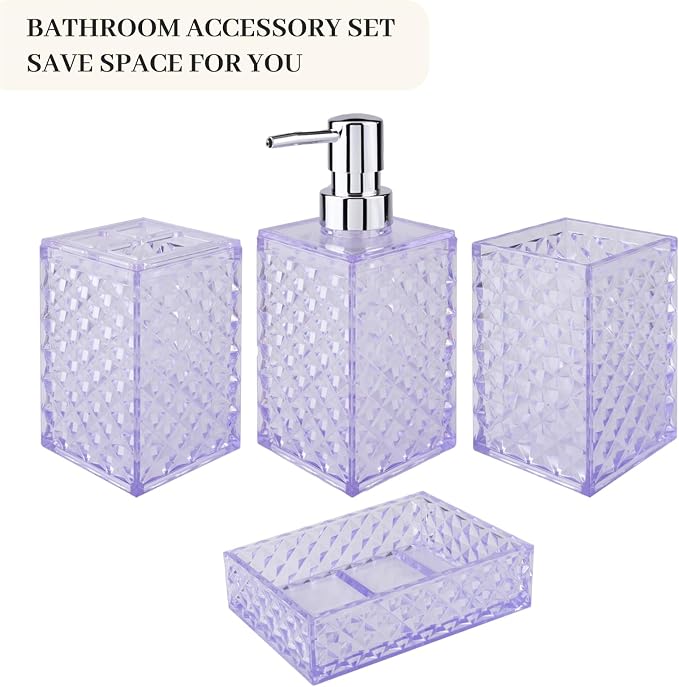 Bathroom Accessory Set, Grid Pattern 4 Pcs Plastic Bathroom Set, Purple | Include Soap Dispenser, Soap Dish, Toothbrush Holder, Mouthwash Cup, Modern Bathroom Decor Set