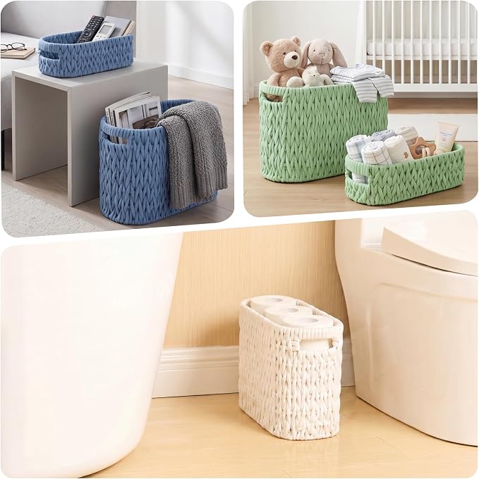 Boho Toilet Paper Storage Baskets, Cotton Rope Woven Bathroom Basket Set of 2, Standing Toilet Paper Holder for 6 Mega Rolls,Storage Bins for Toilet Tank Top, Bathroom Organizer Decor (Green 2 Pack)