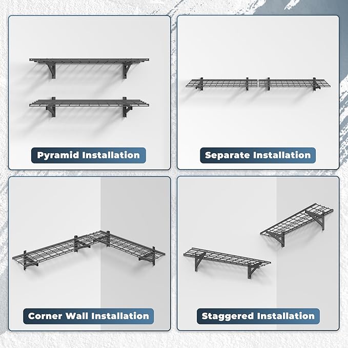 Jusgym 2 Pack Wall Mounted Garage Shelving, 1x4ft, 700lbs Integrated Grid | Wall Mounted Floating Design, 12"x96" Storage Rack, No Splice Seamless Structure, Rustproof Black Coating for Garage Workshop