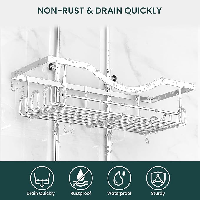 REINHARDT Adjustable Shower Caddy Hanging Over Shower Head, Silver | Rustproof Shower Organizer, Extra Long, No Drilling, Anti-Slip, Fast Draining, Soap Holder, 12 Hooks, Bathroom Accessories