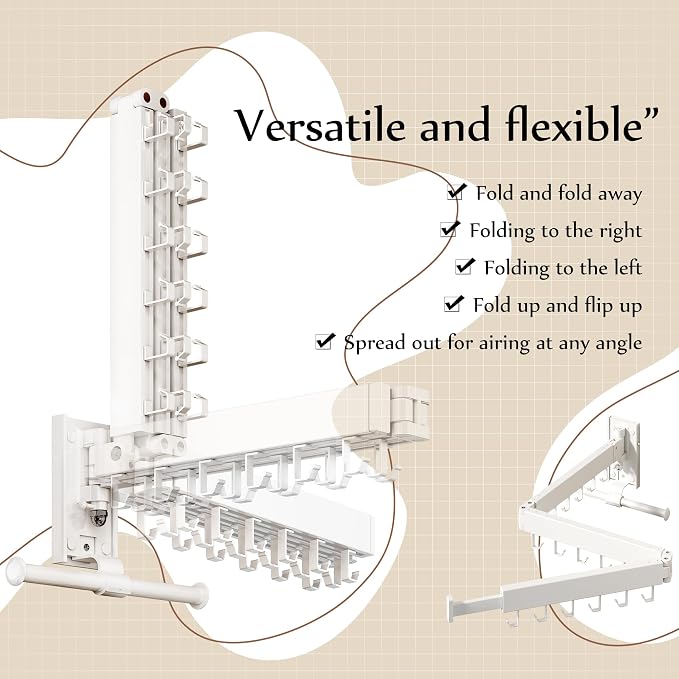 Wall Mounted Collapsible Clothes Drying Rack, Space-Saving Laundry Drying Rack Clothing Hanger, Durable Foldable Design Extends Left, Right & Up for Upgraded Versatility