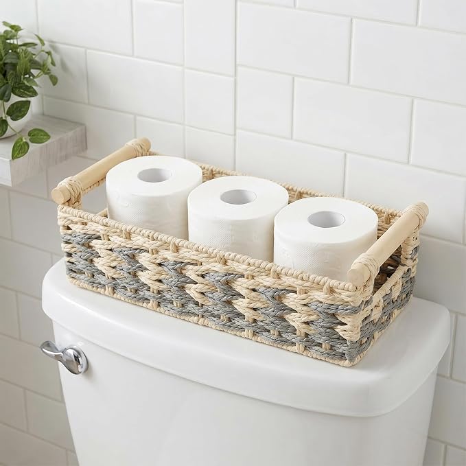 JJSQ Storage Baskets for Organizing with Handles Paper Rope Woven Storage Basket for Shelves Decorative Storage Bins for Toilet Tank Small Boho Home Decor (15.4"×7"×4.7" IN)
