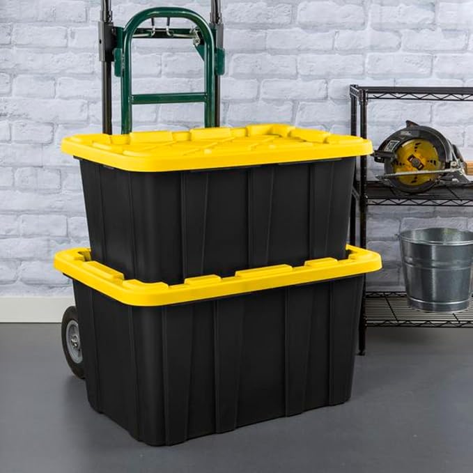 Sterilite Industrial Storage Tote with Lids for Garage, 27 Gallon, 16-Pack | Heavy-Duty and Stackable Utility Box Containers for Home, Office, and Basement Organization, Black/Yellow