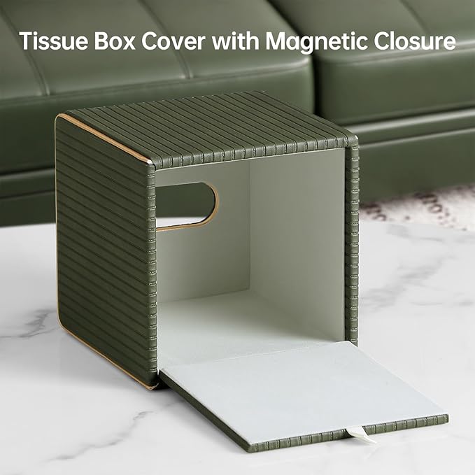 PU Leather Square Tissue Box Cover with Bottom, Olive Green | Fits All Standard Cube Tissue Boxes, Modern Fluted Decorative Tissue Box Holder for Bathroom, Bedroom, Office, Living Room