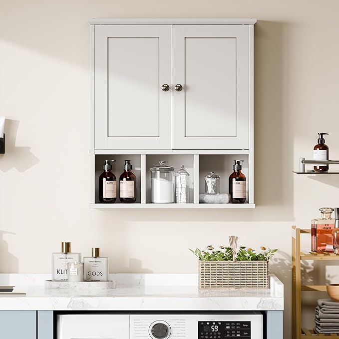 Bathroom Wall Cabinet, Bathroom Cabinet Wall Mount with 2 Doors and 3 Open Shelves, Over the Toilet Wood Medicine Cabinets, White