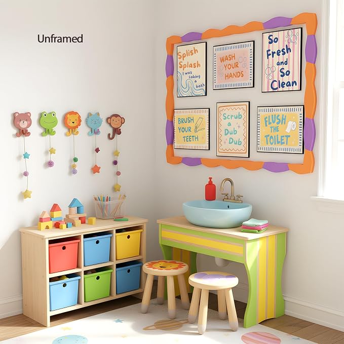 Funny Kids Quotes Bathroom Poster Set 6, Cute Wash Your Hands Toddler Sign Wall Art Trendy Modern Children Toilet Wall Art Quirky Nursery Washroom Decor Canvas Picture Prints 8x10 inch Unframed
