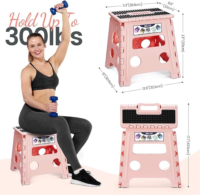 Delxo Folding Step Stool 13 Inch,300 Lbs Step Stool for Adults Pink | Foldable Step Stool 13",Non-Slip Foot Stools with Handle,Lightweight Collapsible stools for Kitchen,Bathroom,Bedroom,Garden