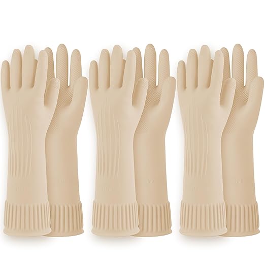 Rubber Dishwashing Gloves, Non-Slip Kitchen, Ivory Medium, 3 Pairs | Korean natural latex, long cuff, thick and durable, textured non-slip grip, for dishwashing and kitchen cleaning