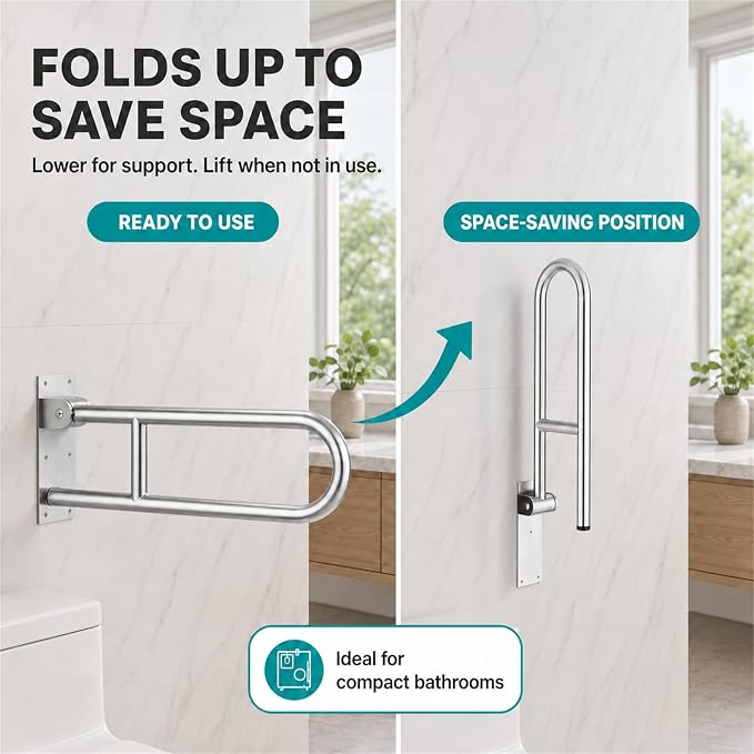 Foldable Toilet Grab Bar - 24 Inch T304 Stainless Steel Rail | Bathroom Flip Up Handle for Wall Mounted Support, Flip Up Design, Space Saving, Easy Installation