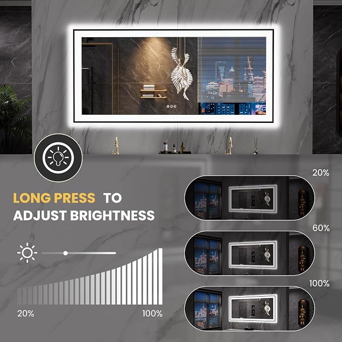 LOAAO 60"X28" LED Bathroom Mirror Black Framed | Anti-Fog, Dimmable, Memory Function, Tempered Glass, Lighted Vanity Mirror for Wall