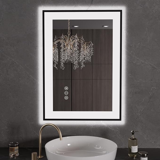 LOAAO 20"X28" LED Bathroom Mirror Black Framed | Anti-Fog, Dimmable, Memory Function, Tempered Glass, Lighted Vanity Mirror for Wall