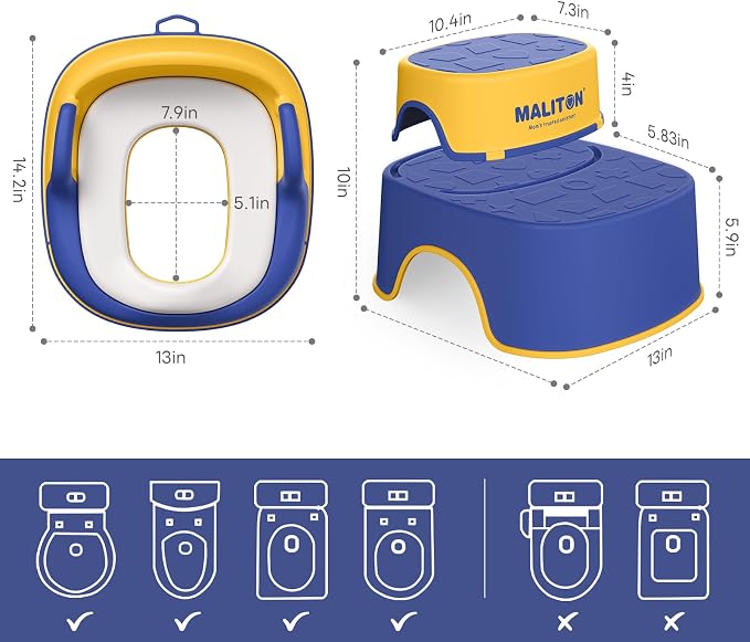 Maliton Potty Training Toilet Seat & Step Stool, 2-in-1 Anti-Slip Blue | Potty Seat + Separate Step Stool, Adjustable Fits More Toilets, Anti-Slip, Sturdy, Splash Guard, Easy clean，Boys & Girls.