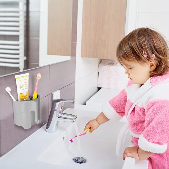 Elephant Toothbrush Holder for Toddler, Suction Cup Cute Toothbrush Holder for Kids, for Bathroom, with 3 Slots and 1 Hook, Grey