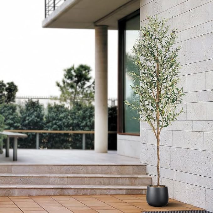 Artificial Fake Olive Tree 7FT 1Pack Faux Olive Tree for Home Decor | Faux Artificial Plants Indoor Fake Potted Plants with Natural Olive Branches and Realistic Leaves for Living Room Decor