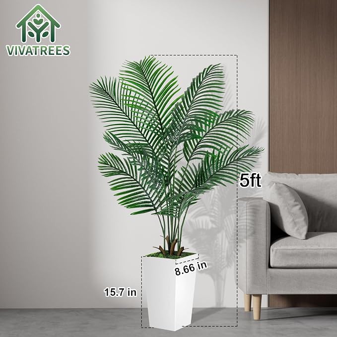 VIVATREES Palm Tree 5FT Artificial, 60in Tall Faux Palm Tree with 15.7 White Planter, Fake Potted Tree for Indoor & Outdoor Home Office Decor