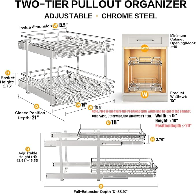 2-Tier Kitchen Cabinet Pull Out Shelf and Drawer Organizer Slide Out Pantry Storaqe Basket in Multiple Sizes (15" W x 21" D)
