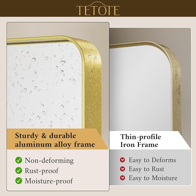 40 x 30 Inch Gold Bathroom Mirror, Brushed Brass Metal Frame Mirror for Vanity, Rectangle Wall Mounted Golden Modern Mirror (Horizontal/Vertical)