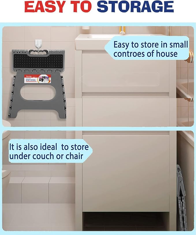 Folding Step Stool 9 inch Height Non-Slip Plastic Step Stools for Kids and Adults, Kitchen Collapsible Fold Up Small Stepping Stool Grey,1 Pack | Portable Foldable Stools, Heavy Duty Collapsible Foot Stool, Holds 300 lb for Adults Kitchen Bathroom Outd...