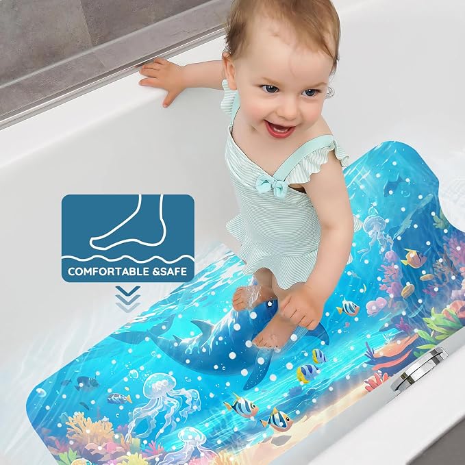 LNOND Bath Mat for Tub for Kids, Ocean Bathtub mat Non Slip,Blue Whales Bath Mats for Bathroom Non Slip with Drain Holes and Suction Cups,Machine Washable (40 X 16 Inch)