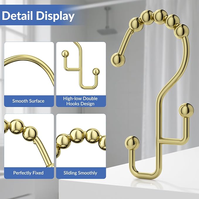 Shower Curtain Hooks, Metal Shower Curtain Rings Hooks, Gold Shower Curtain Hooks Rust Proof, Smooth Gliding Shower Rings for Curtain, Shower Hooks for Shower Curtain Rod, Gold-12 Pcs
