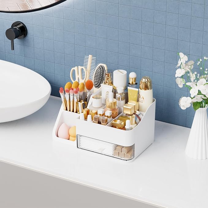 White Makeup Organizer Countertop,Large Cosmetics Storage Organizer for Make up Brush,Hair Products and Beauty Skincare Organizers,Plastic Makeup Holders and Organizers for Bathroom,Vanity,Desk