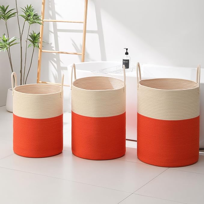 Woven Laundry Hamper Tall Rope Storage Basket for Blanket oys Dirty Clothes in Living Room Bathroom Bedroom (White&Orange, 100L/26.4Gal)