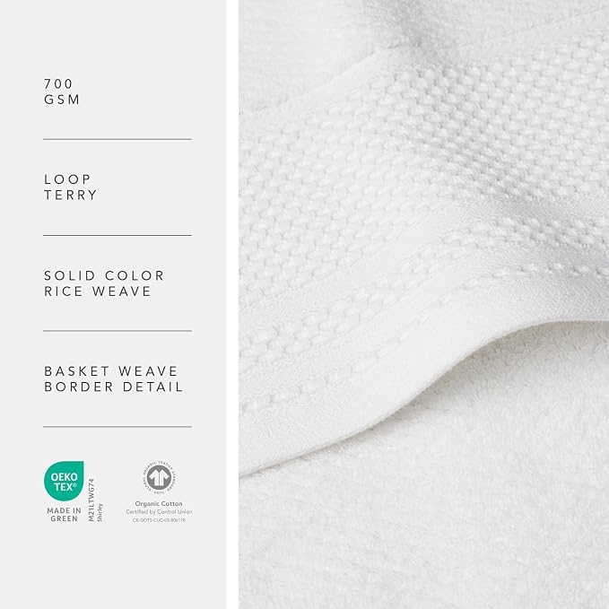 Texere 100% Organic Cotton Rice Weave Jacquard 700 GSM Luxury Bath Towel Sets - Ultra Soft and Absorbent Hotel and Spa Quality (Rice Weave, Bright White, 2 Bath Towels)