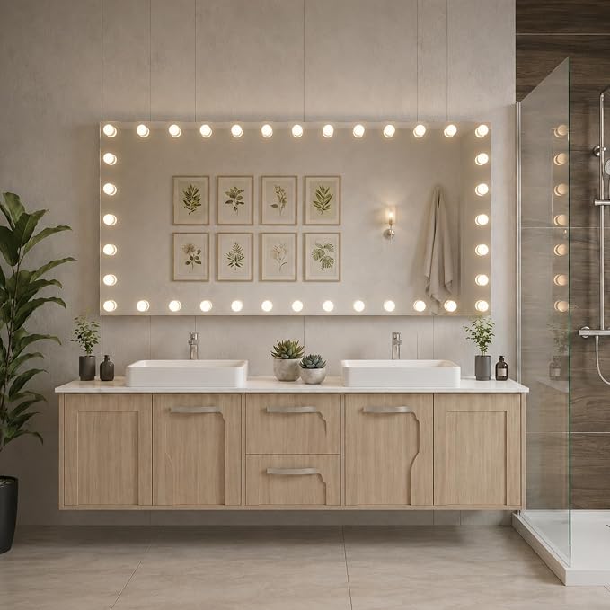WTTY 84"x40" Hollywood Vanity Mirror with Lights | Wall Mounted Makeup Mirror, 3 Color Temperatures, Stepless Dimmable Bulbs, Anti-fog, Tempered Glass, Shadow-free