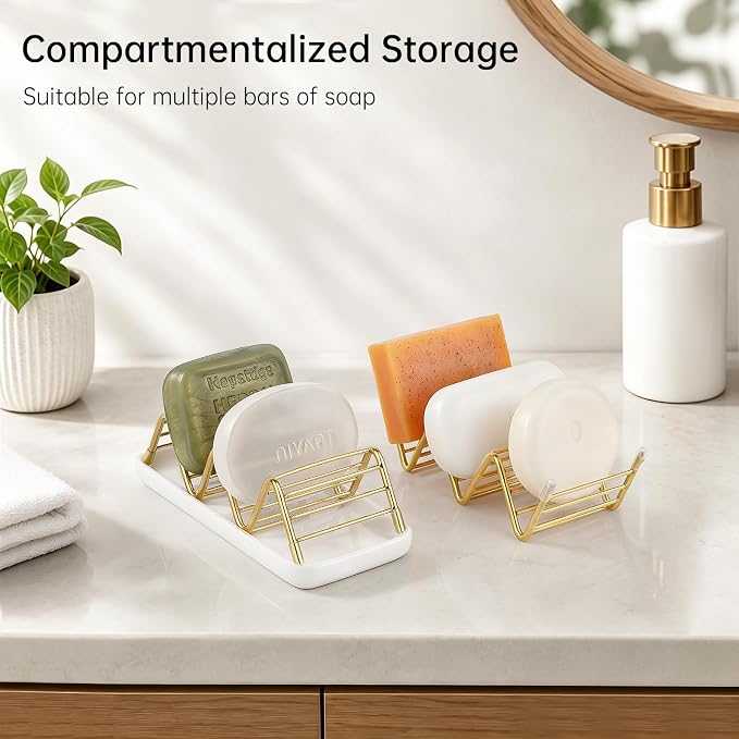 Stainless Steel Soap Dish Draining Soap Holder with Ceramic Tray, Gold | Reversible Design Fits 2-3 Bars, Rustproof, Easy to Clean, Space Saving, Non Slip, for Bathroom, Shower, Kitchen