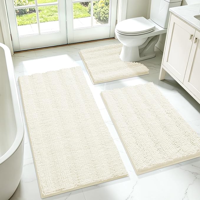 Striped Ice Cream Bathroom Rug Set 3 Pieces Ultra Soft, Non Slip Chenille Toilet Mat, Absorbent Plush Shaggy Bath Mats for Bathroom, Bedroom, Kitchen