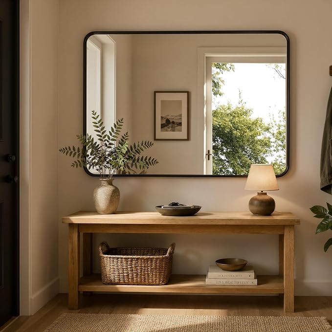 Koonmi Black Bathroom Mirror for Over Sink 24x32 Inch | Wall Mirror for Bathroom Matte Rectangle Metal Deep Framed, Shatterproof Tempered Glass, Hang Vertically or Horizontally