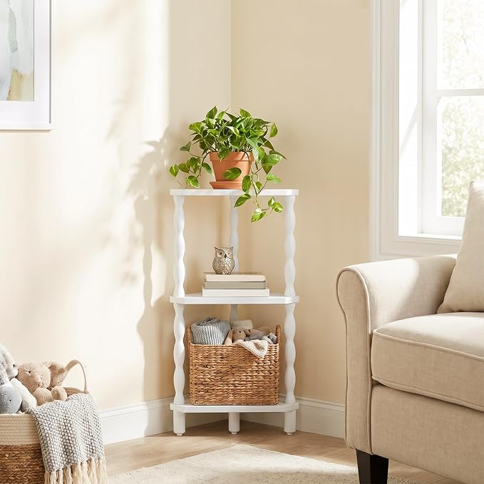 HOOBRO 3-Tier Corner Shelf, Wooden Corner Bookshelf for Small Space, Stylish Corner Storage Display Shelves for Living Room, Kitchen, Office White WT193CJ01