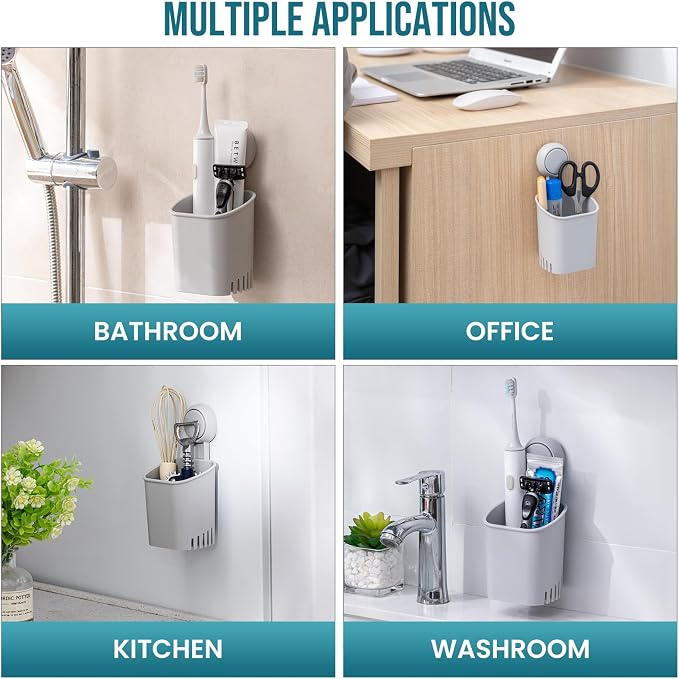 TAILI Suction Cup Toothbrush Holders for Bathroom Wall Mounted, Gray | Shower Toothbrush and Toothpaste Holder, Drill-Free 1S Installtion, Removable Powerful Suction Cup Organizer, Self-draining