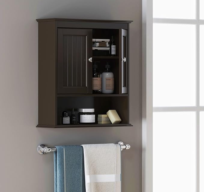 Spirich Bathroom Wall Cabinet Over Toilet, Small Medicine Cabinet Espresso | FSC-Certified MDF, Adjustable Shelf, Easy Assembly, Space-Saving Open & Concealed Storage for Toiletries, Towels, And Decor